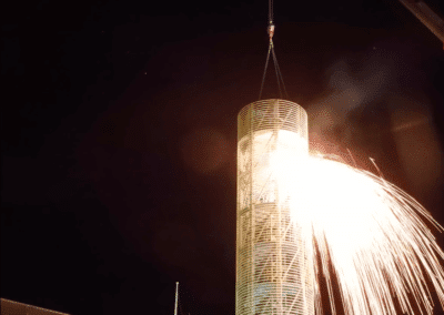 Queen's Wharf Tower demolition at night oxy cutting